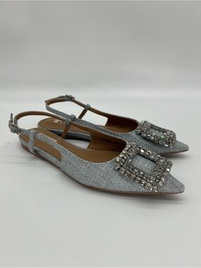 Crystal Buckle Silver Slingback Flats